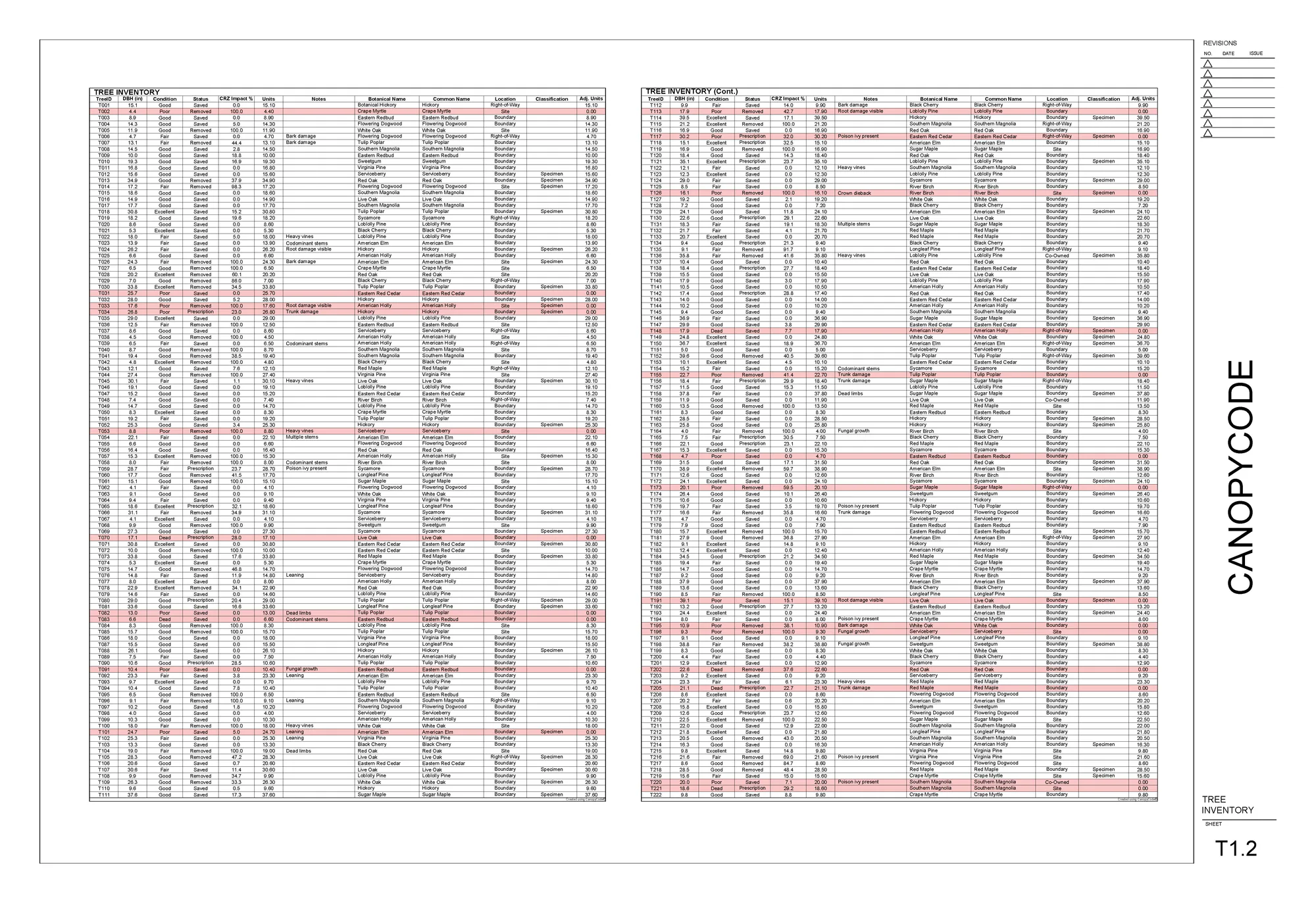 A CanopyCode tree inventory sheet: every tree tabulated with species, DBH, condition, and protection status