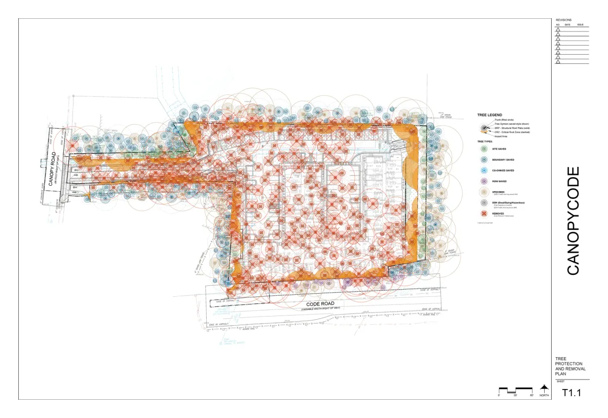 A CanopyCode tree-protection and removal plan with critical-root-zone rings and a full tree legend.