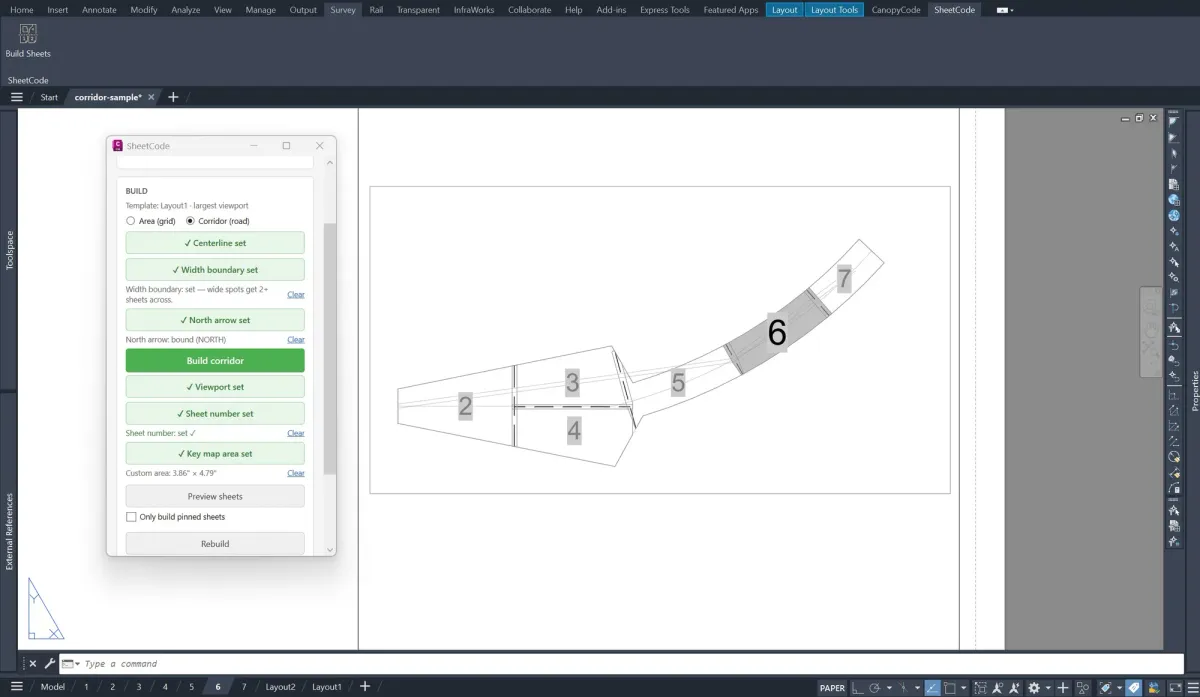SheetCode laying out a road corridor into numbered, oriented viewports along the centerline in AutoCAD.